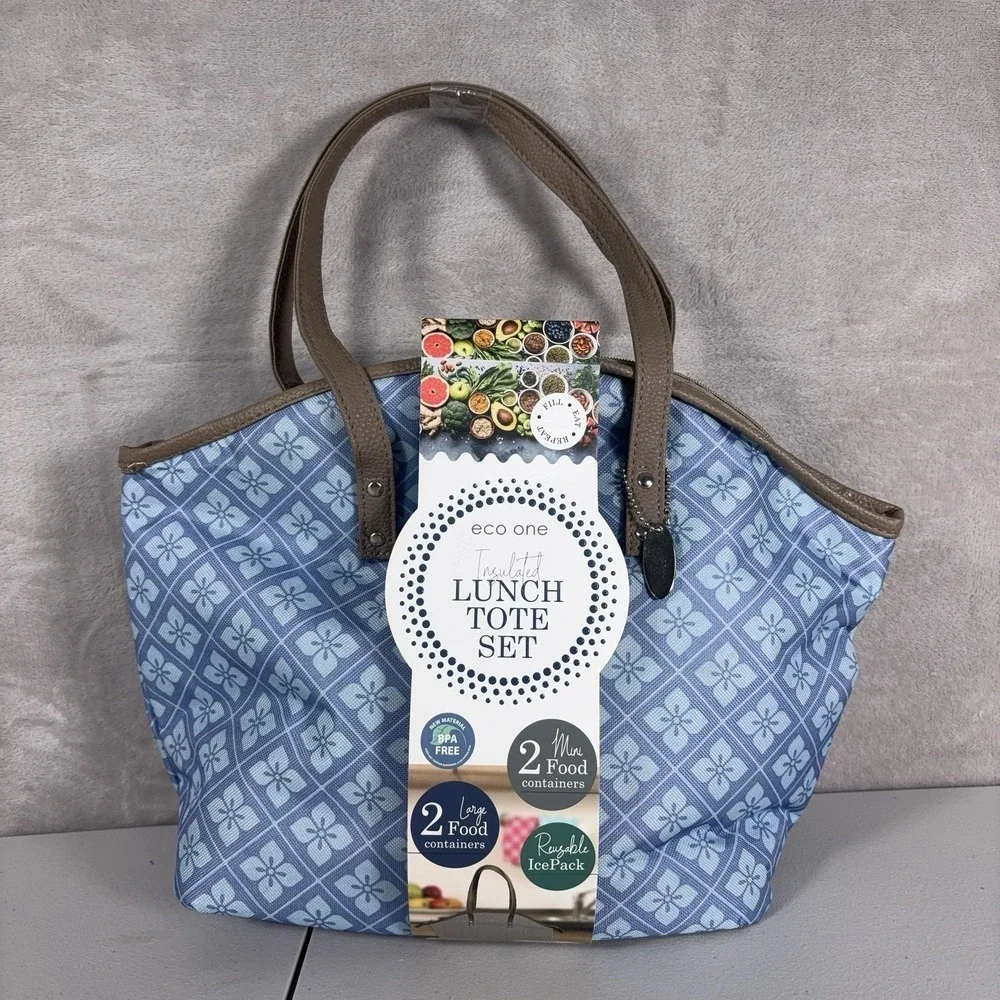 Eco One Insulated Lunch Tote Set Blue Bag Food Containers Ice Pack Travel Work